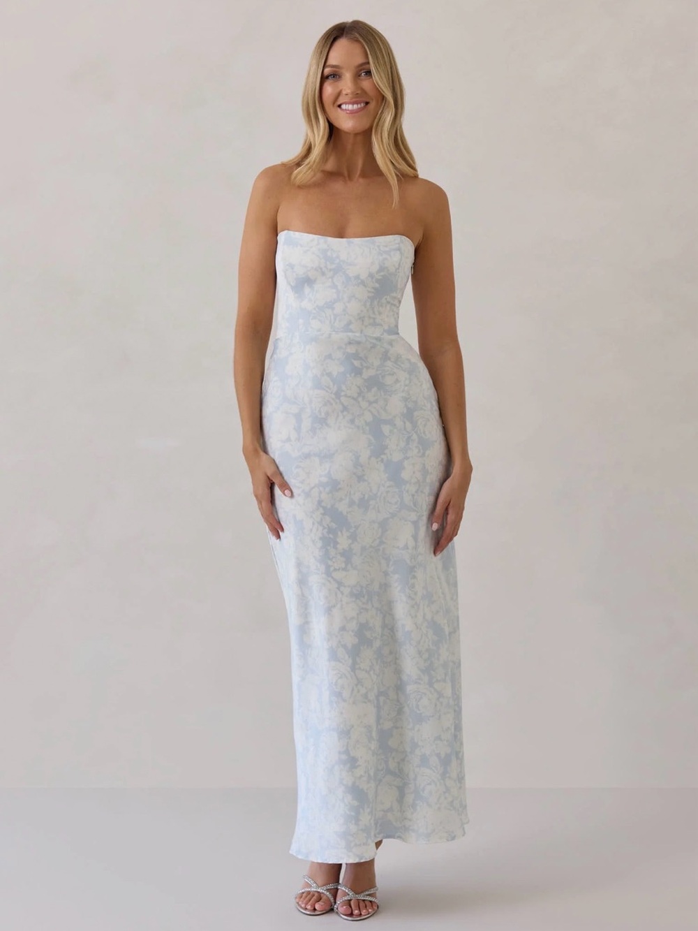 Park & Fifth Strapless Floral Maxi Dress in Light Blue and White